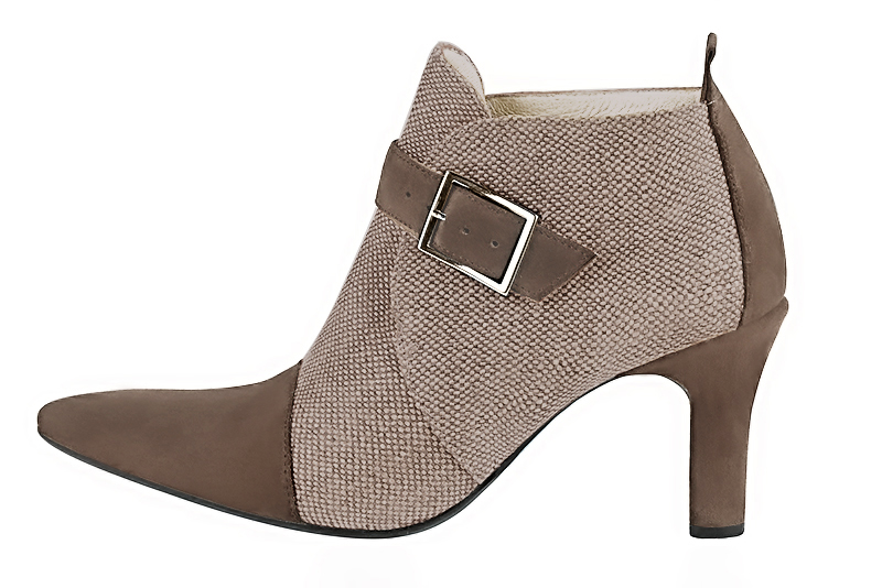 Women's chocolate brown and tan beige elegant ankle boots, with buckles at the front. Tapered toe. High kitten heels - Profile view